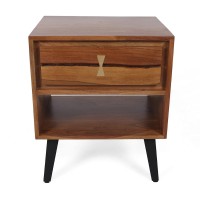 22 Inch Bedside Table Nightstand, 2 Drawers, Open Shelf, Brown