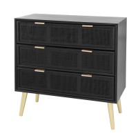 31 Inch Dresser Chest Cabinet, 3 Drawers, Woven Rattan, Modern, Black, Gold