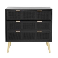 31 Inch Dresser Chest Cabinet, 3 Drawers, Woven Rattan, Modern, Black, Gold