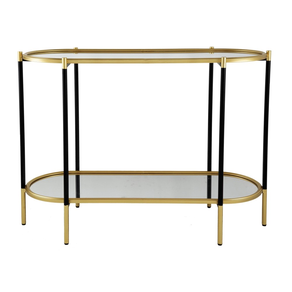 30 Inch Console Sideboard Table, Oblong, Mirrored Top, Black, Gold