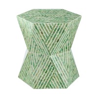 20 Inch Stool Table, Capiz Shell Inlay, Hexagonal Geometric Design, Green