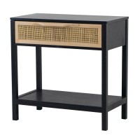 Tia 22 Inch Accent Side Table, Pine Wood, Woven Rattan, 1 Drawer, Black