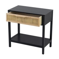 Tia 22 Inch Accent Side Table, Pine Wood, Woven Rattan, 1 Drawer, Black