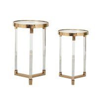 24, 21 Accent Tables, Acrylic Clear Legs, Glass Top, Set Of 2, Gold
