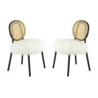 Ada 24 Inch Dining Chair, Cane Rattan Back, Fur Seat, Set Of 2, Black