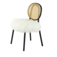 Ada 24 Inch Dining Chair, Cane Rattan Back, Fur Seat, Set Of 2, Black