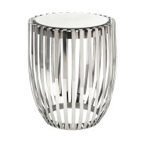 23 Inch Accent Side Table, Polished Steel Ribs, Drum, Mirrored Top, Silver