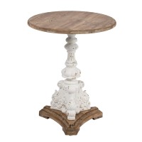 27 Inch Side End Table, Mango Wood, Round, Turned Pedestal, White, Brown