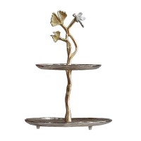 16 Inch Elegant Accent Table, 2 Tier Aluminum Cherry Blossom, Gold, Silver