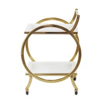 Sia 34 Inch Rolling Bar Cart, Round Steel Frame, Removable Trays White Gold