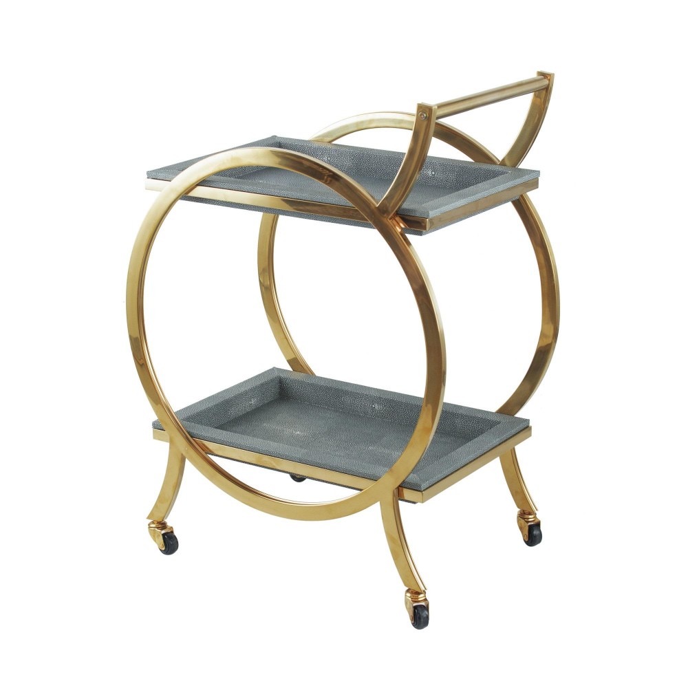 Sia 34 Inch Rolling Bar Cart, Round Steel Frame, Removable Trays Gray, Gold