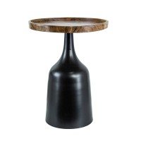 20, 17 Inch Side Table, Acacia Wood, Flared Pedestal Base, Aluminum, Black