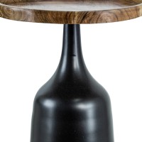 20, 17 Inch Side Table, Acacia Wood, Flared Pedestal Base, Aluminum, Black