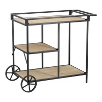 32 Inch Bar Cart, 3 Tiers, Fir Wood Shelves, Iron Frame, Black, Brown