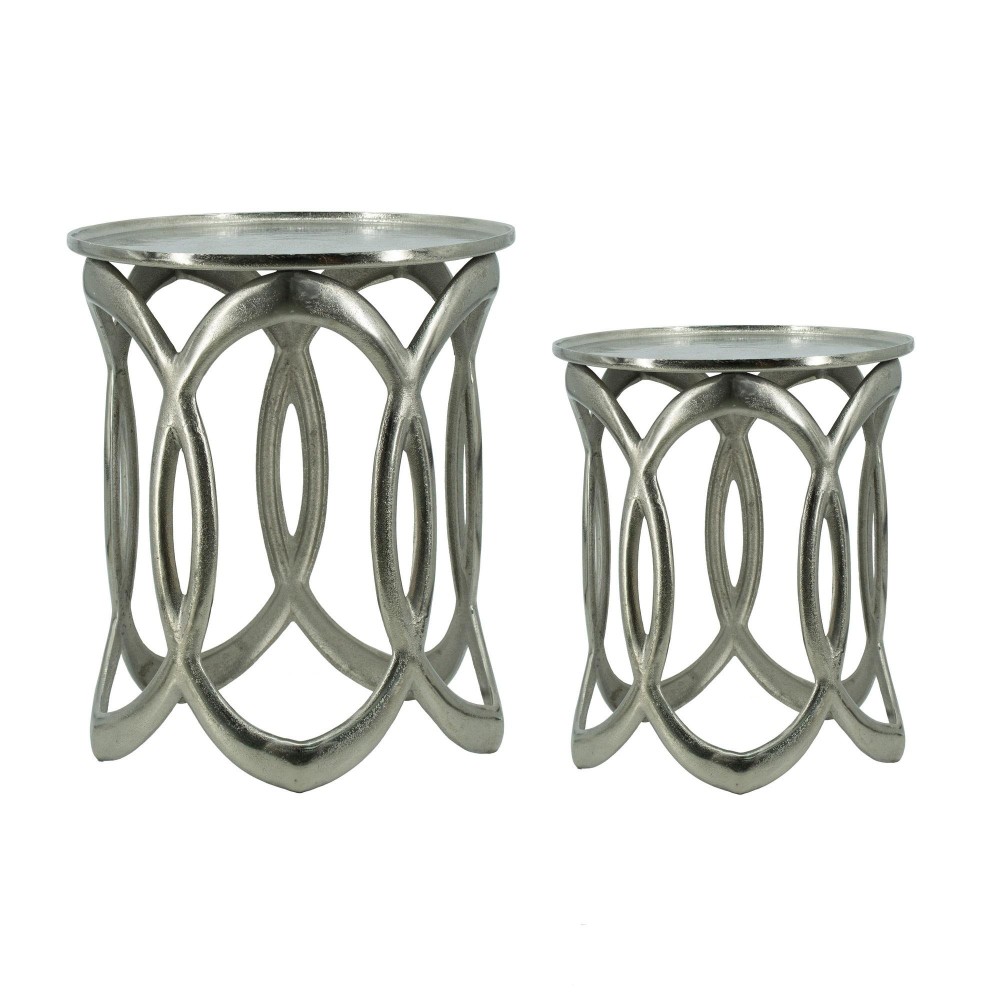 20, 21 Inch 2 Piece Accent Table Set, Aluminum, Lattice Design, Silver