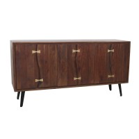 63 Inch Sideboard Buffet Console, 3 Cabinets, Gold Finished Handles, Brown