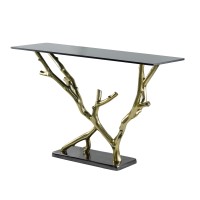 47 Inch Console Table, Artistic Branch Metal Frame, Black Glass Top, Gold