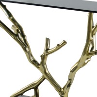 47 Inch Console Table, Artistic Branch Metal Frame, Black Glass Top, Gold