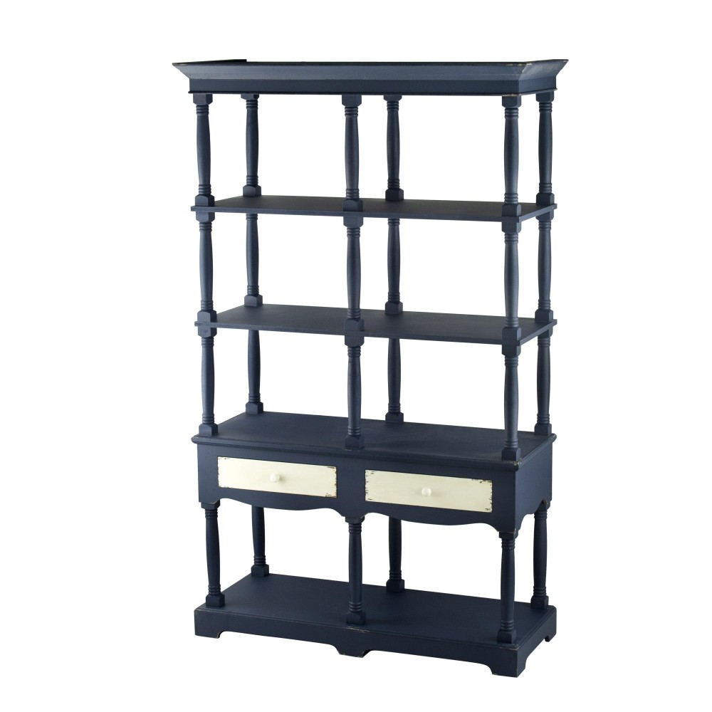 82 Inch 4 Tier Bookshelf With 2 Drawers, Fir Wood In Navy Blue And White