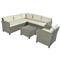 Han 5 Piece Outdoor Patio Sectional Sofa Set, Gray Rattan, Beige Cushions