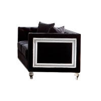 Atlas 89 Inch Wood Tuxedo Sofa, Button Tufted, Mirror Accent, Black Velvet