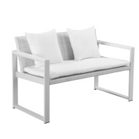 Lark 50 Inch Outdoor Sofa, White Aluminum Frame, Fade Resistant Cushions