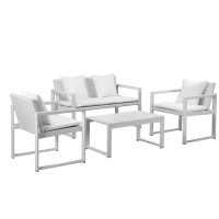 Lark 50 Inch Sofa And Table Set, All Weather Rattan, White Fabric Cushions