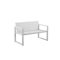 Lark 50 Inch Sofa And Table Set, All Weather Rattan, White Fabric Cushions