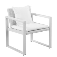 Lark 28 Inch Outdoor Armchair, All Weather Rattan Backrest, White Fabric