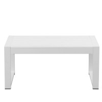 Lark 35 Inch Outdoor Coffee Table, White Aluminum Frame, Polyresin Top