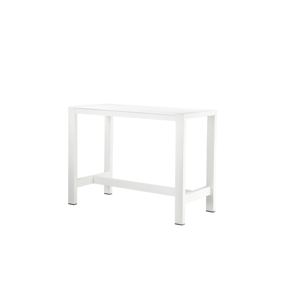 Kylo 59 Inch Outdoor Bar Height Table, White Aluminum Frame, Plank Surface