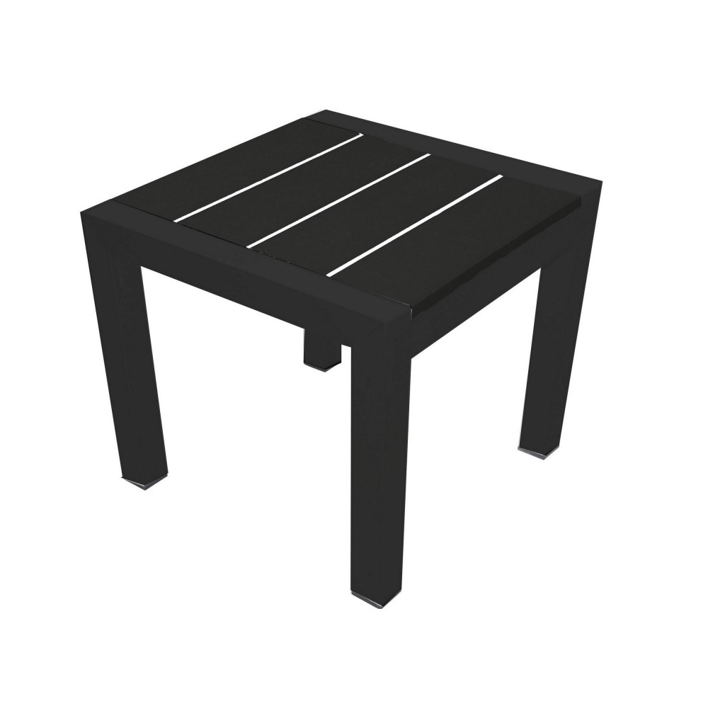 Josh 18 Inch Side End Table, Polyresin Planks, Jet Black Aluminum Frame