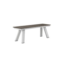 Zia 54 Inch Outdoor Dining Bench, Gray Polyresin Top, White Aluminum Frame