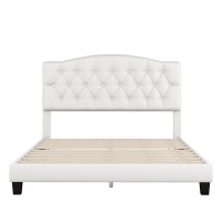 Cody Queen Size Platform Bed With Diamond Button Tufted Headboard, Beige