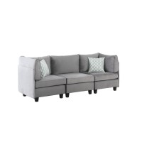 Moshe 90 Inch Modern 3 Piece Sofa With Pillows, Modular Seats, Gray Velvet
