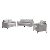 Odin 3 Piece Sofa, Loveseat, Chair Set, Tufted Cushions, Light Gray Velvet