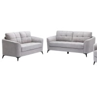 Odin 2 Piece Sofa And Loveseat Set, Tufted Cushions, Light Gray Velvet