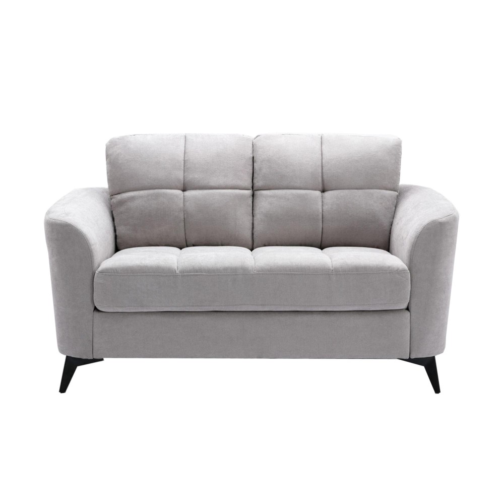 Odin 60 Inch Modern Loveseat, Tufted Cushions, Light Gray Velvet Upholstery