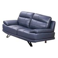 Reni 67 Inch Loveseat, Channel Tufted Navy Blue Soft Leather Upholstery