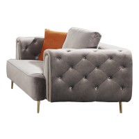 Luxi 64 Inch Loveseat, Soft Gray Velvet Upholstery, Chesterfield Design