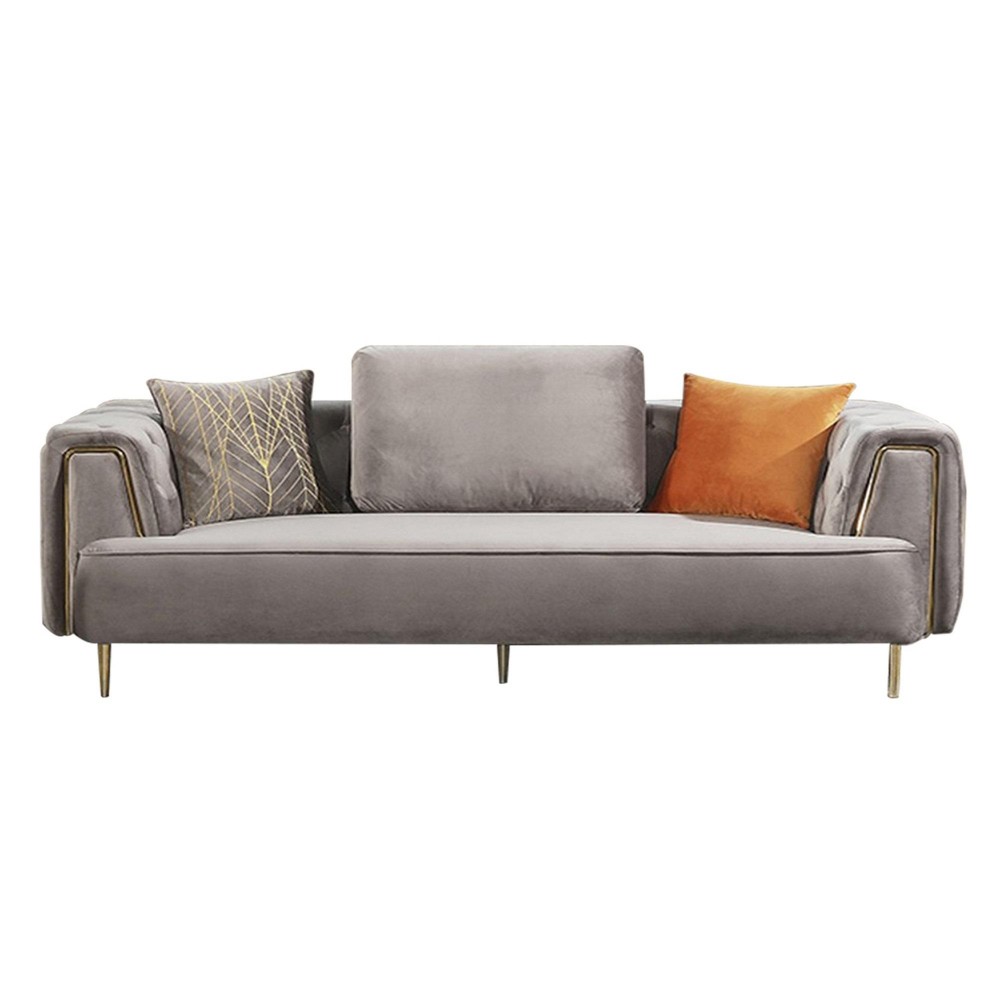 Luxi 102 Inch 4 Seater Sofa, Gray Velvet Upholstery, Chesterfield Design