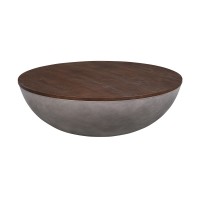 48 Inch Round Coffee Table With Wood Top And Concrete Base, Natural Brown