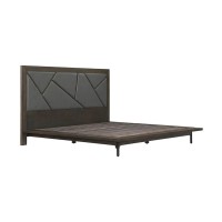 Bev King Size Platform Bed, Oak Wood, Gray Vegan Faux Leather, Dark Brown