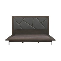 Bev King Size Platform Bed, Oak Wood, Gray Vegan Faux Leather, Dark Brown