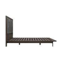 Bev Queen Size Platform Bed, Oak Wood, Gray Vegan Faux Leather, Dark Brown