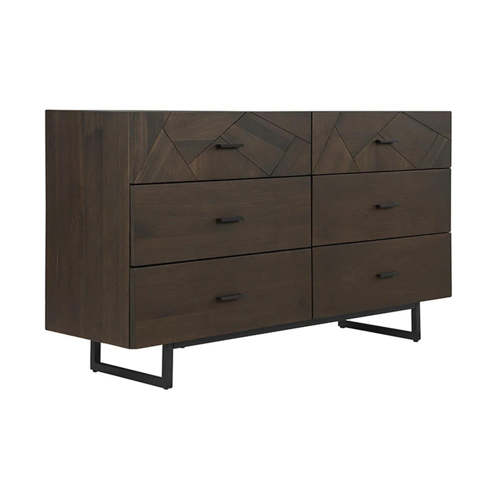 Bev 60 Inch Dresser With 6 Drawers, Black Metal, Dark Brown Oak Wood Frame