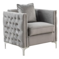 Joel 34 Inch Modern Sofa Armchair With 1 Pillow, Gray Velvet, Silver Legs