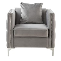 Joel 34 Inch Modern Sofa Armchair With 1 Pillow, Gray Velvet, Silver Legs