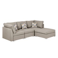 Tony 95 Inch Modern Chaise Sofa With Ottoman And 3 Pillows, Beige Fabric