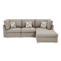 Tony 95 Inch Modern Chaise Sofa With Ottoman And 3 Pillows, Beige Fabric